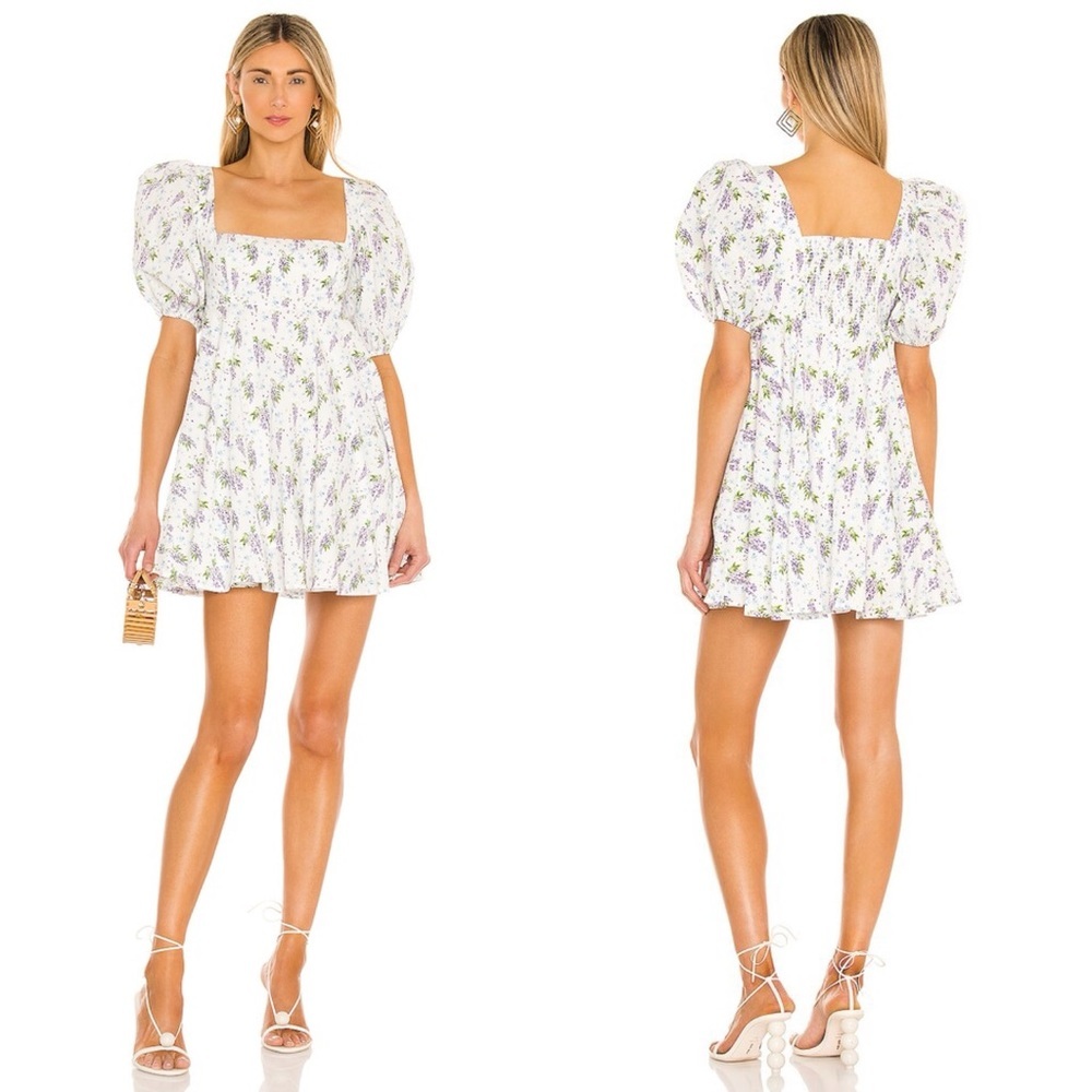 Sau Lee Alyssa Mini Babydoll Dress Revolve Size 6 Puff Sleeve Floral Square Neck